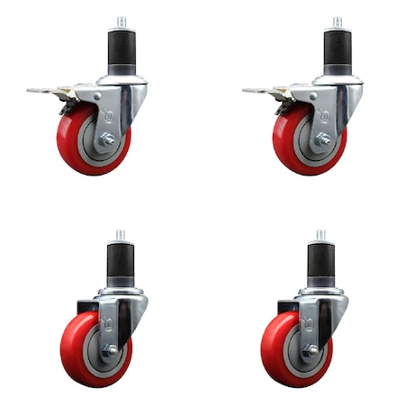 Service Caster 3.5'' SS Red Poly Swivel 1-5/8'' Expanding Stem Caster Set 2 Total Lock Brakes, 4PK SCC-SSEXTTL20S3514-PPUB-RED-2-S2-158
